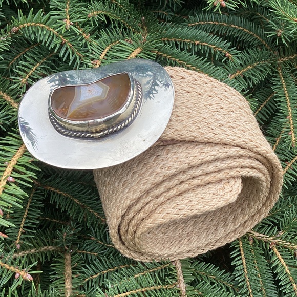 Boho Woven Raffia Silver Brown Agate Stone Belt main image 6